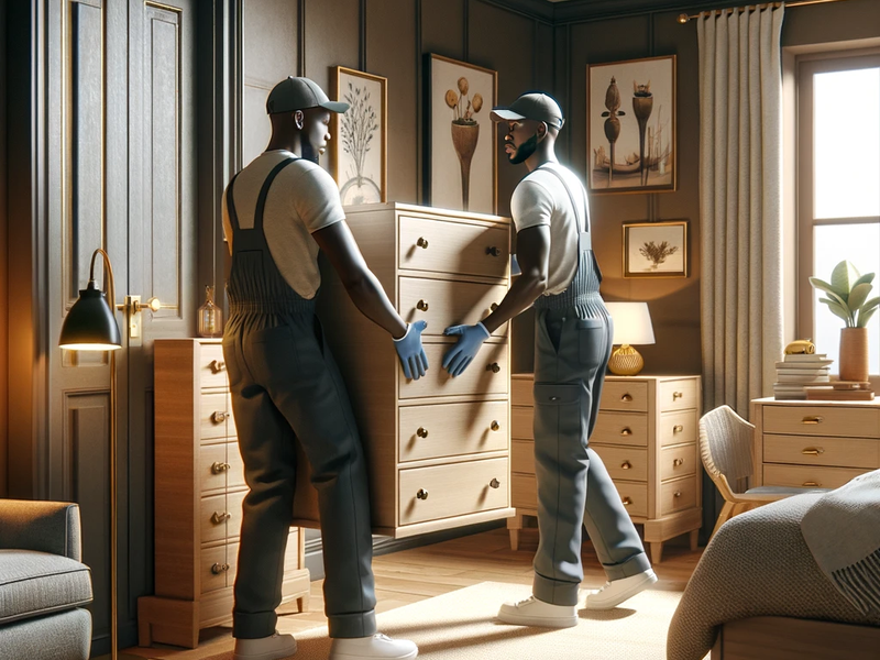 DALL·E 2024-02-11 14.18.44 - Illustrate two African American workers moving furniture out of a bedroom. The bedroom is tastefully decorated with a modern aesthetic, featuring a la